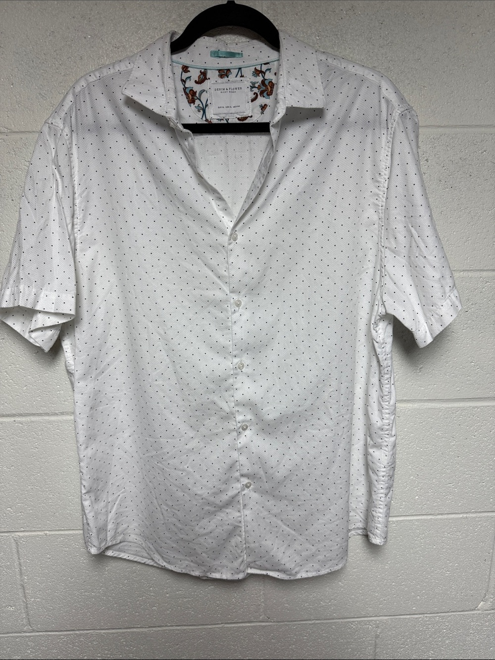 Denim & Flower White Button-Up Shirt with Black Micro Dots 100% Cotton Sz XL